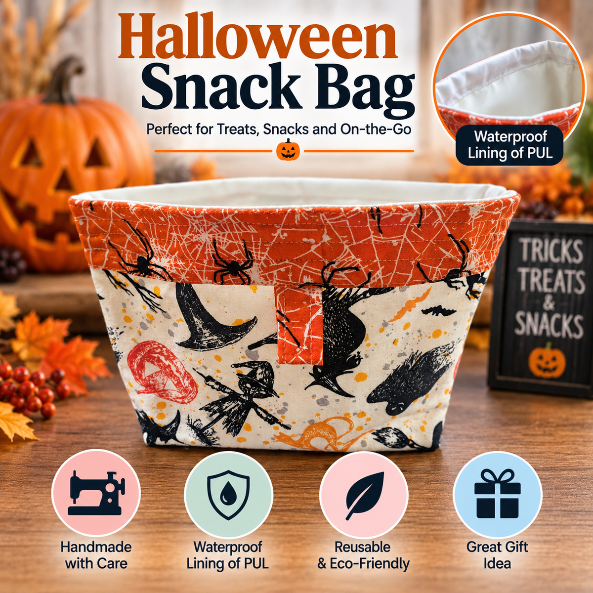 A Halloween-themed snack bag with an orange and cream spiderweb pattern and black witch illustrations, shown on a wooden table with pumpkins and autumn leaves. The image includes promotional text and feature icons.