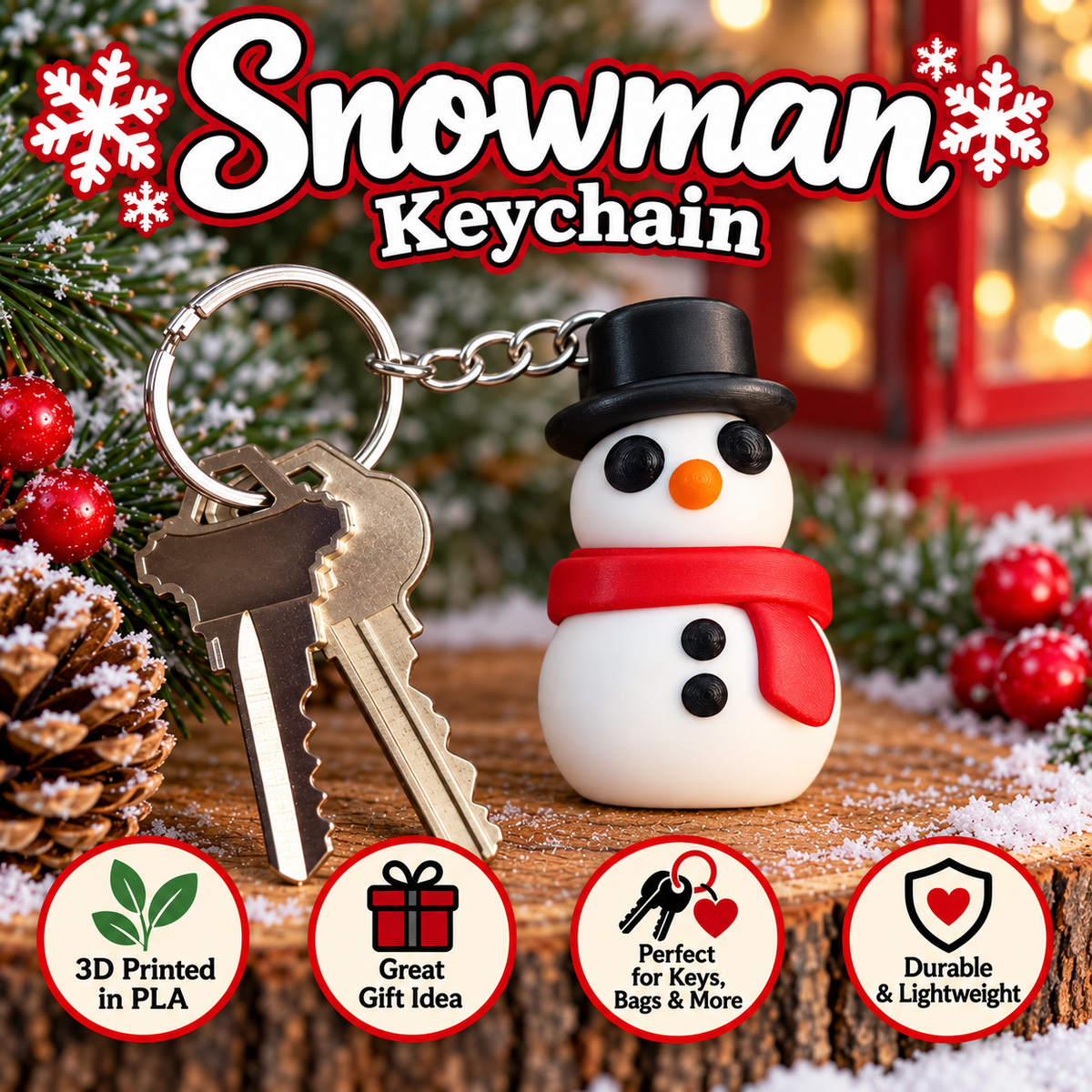 A small snowman keychain with a black top hat, red scarf, and black button details, attached to a metal key ring with two keys. The keychain is displayed on a rustic wood surface with pine branches, red berries, and holiday lights in the background.