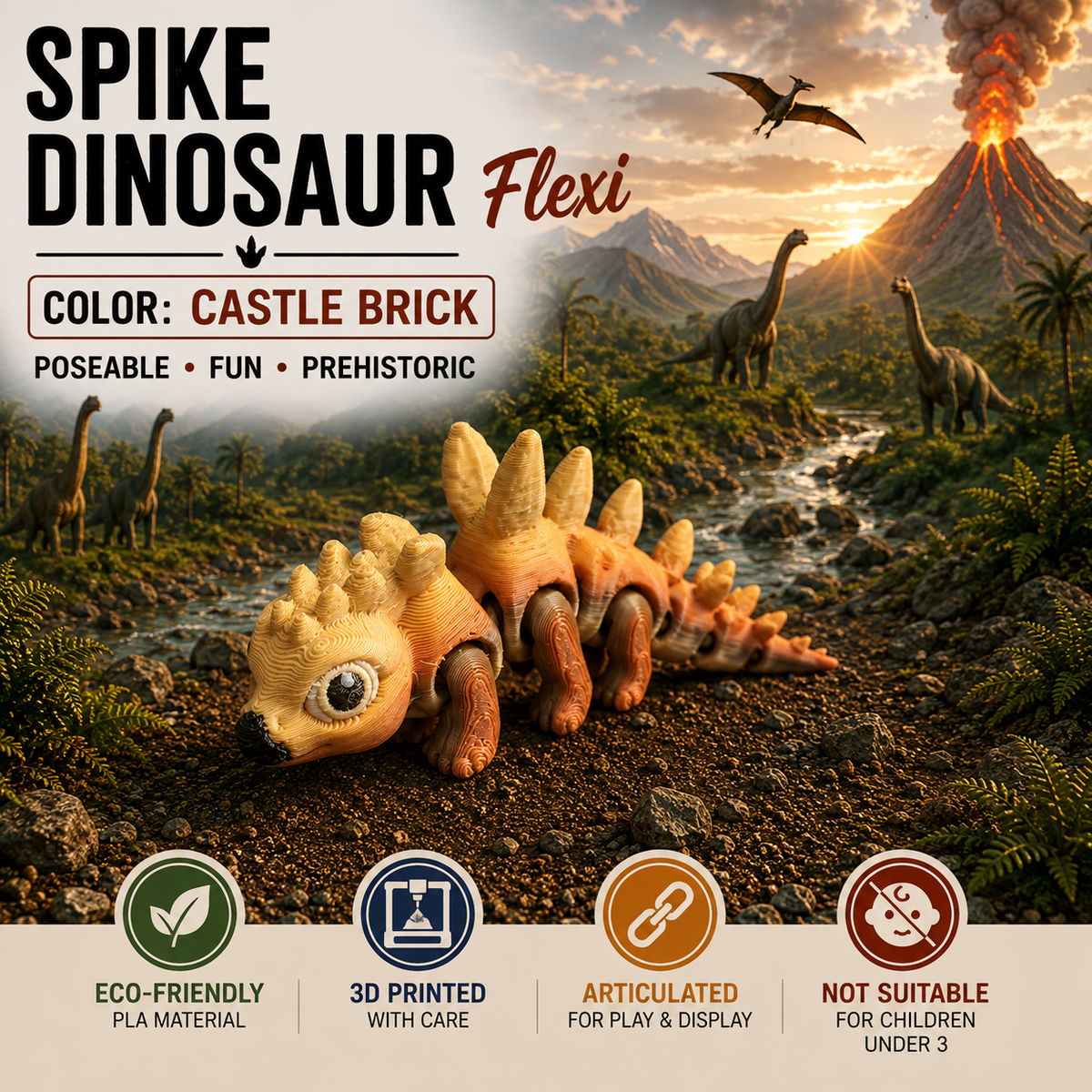 A toy dinosaur in a prehistoric landscape scene with text overlays describing the product as 'Spike Dinosaur Flexi' in 'Castle Brick' color. The main product is a flexible, articulated toy dinosaur in a beige and orange color scheme, shown in a detailed prehistoric environment with other dinosaurs, a volcano, and a river.