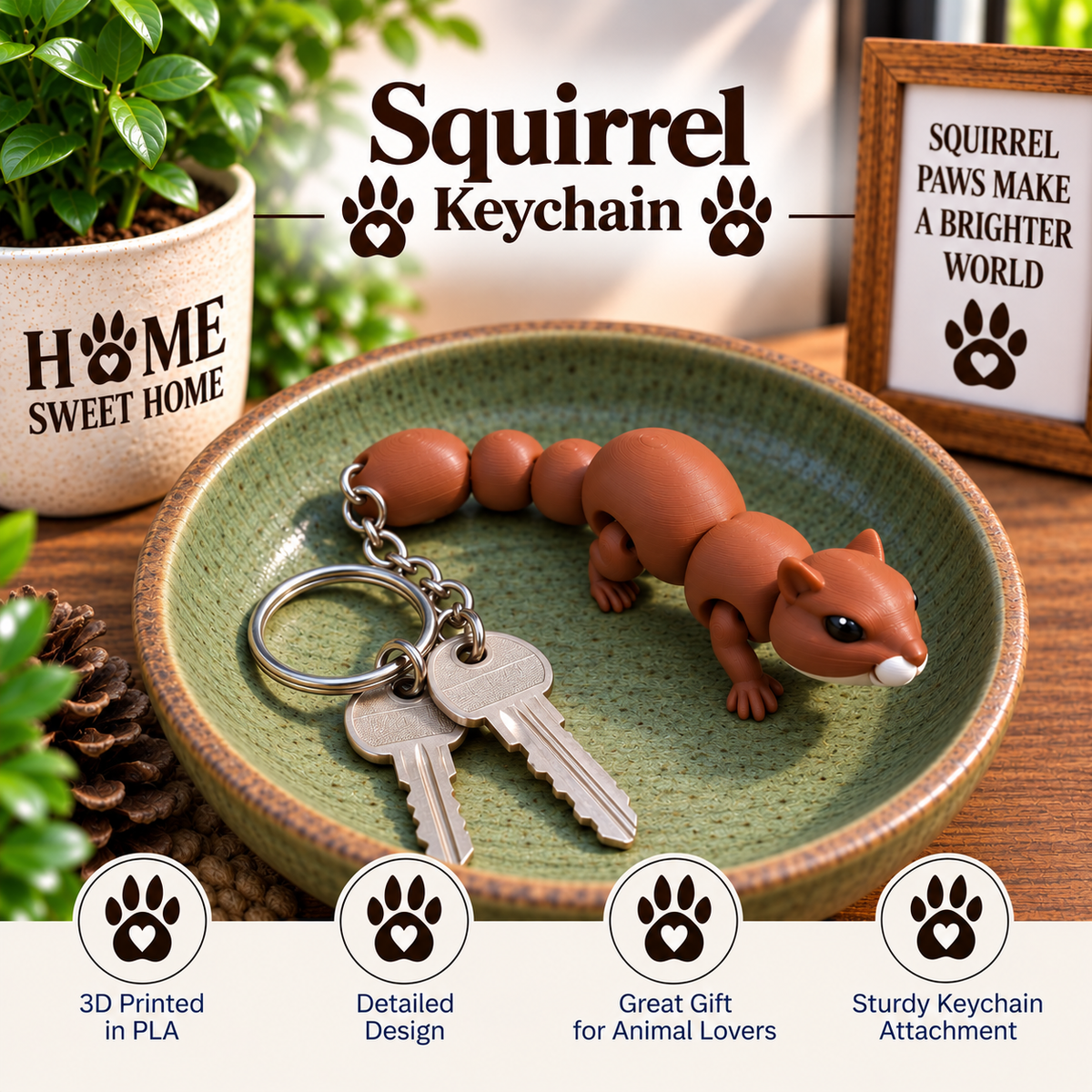 A brown 3D-printed squirrel keychain displayed on a green ceramic dish with two keys. The background features a potted plant and a framed sign, with text overlays highlighting the product's features.