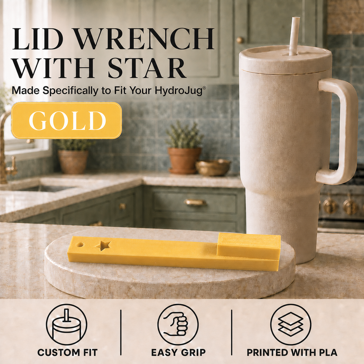 A gold lid wrench with a star-shaped socket is displayed on a marble trivet in a kitchen setting, next to a beige HydroJug tumbler. The image includes text overlays reading 'LID WRENCH WITH STAR', 'Made Specifically to Fit Your HydroJug', 'GOLD', and feature icons at the bottom.