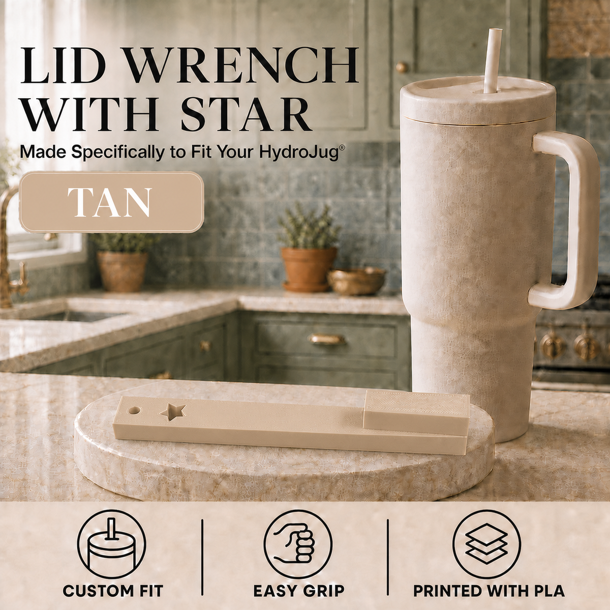 A tan lid wrench with a star-shaped tip is displayed on a round wooden stand on a kitchen countertop, next to a matching insulated tumbler with a straw. The image includes text reading 'LID WRENCH WITH STAR' and 'TAN', plus feature icons at the bottom.