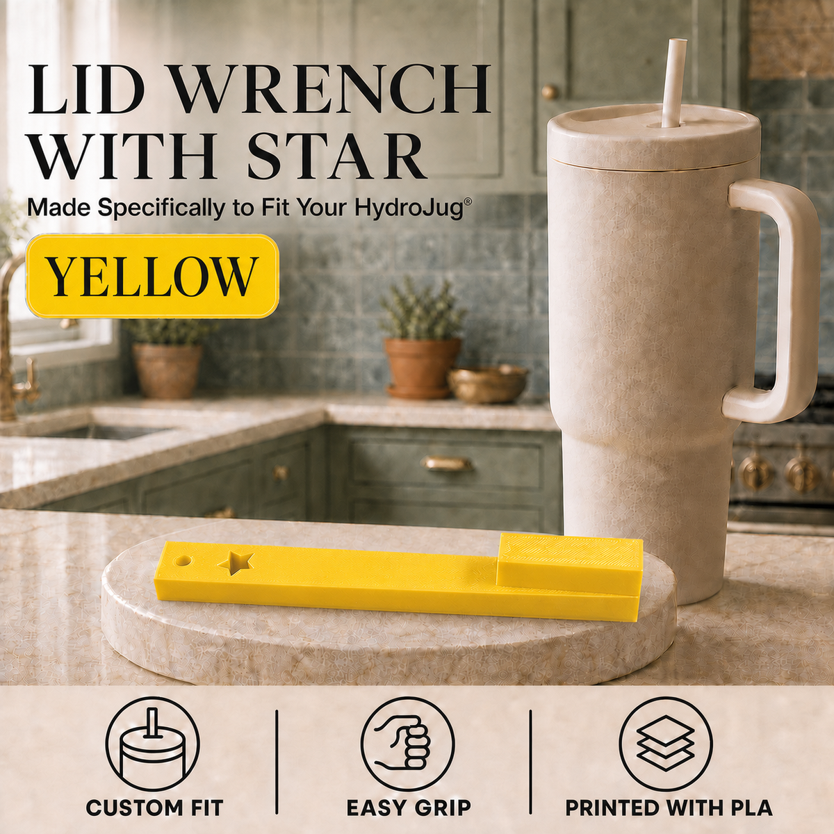 A yellow lid wrench with a star-shaped tip is displayed on a marble coaster in a kitchen setting, next to a beige HydroJug travel tumbler. The image includes text overlays describing the product as a 'LID WRENCH WITH STAR' and 'YELLOW', along with feature icons at the bottom.