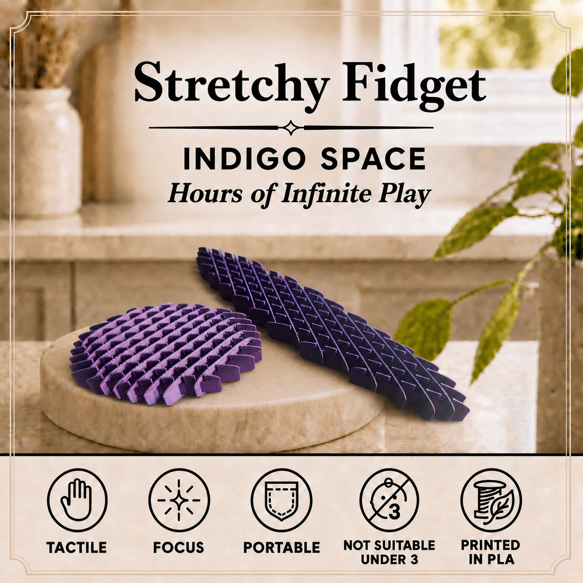 Two textured stretchy fidget toys in purple and navy blue displayed on a stone coaster, with promotional text reading 'Stretchy Fidget' and 'INDIGO SPACE' above, and feature icons below.