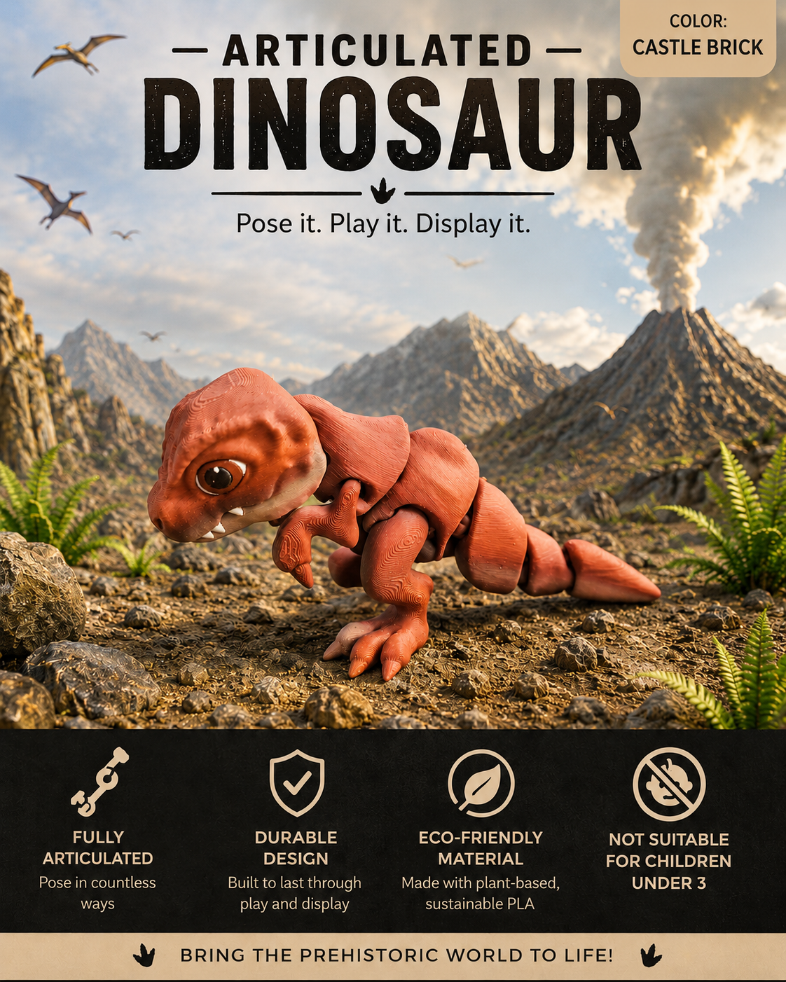 A toy articulated dinosaur in a prehistoric mountain landscape, with large text reading 'ARTICULATED DINOSAUR' and feature callouts along the bottom. The dinosaur is orange-brown and the scene includes rocks, plants, and pterosaurs in the sky.