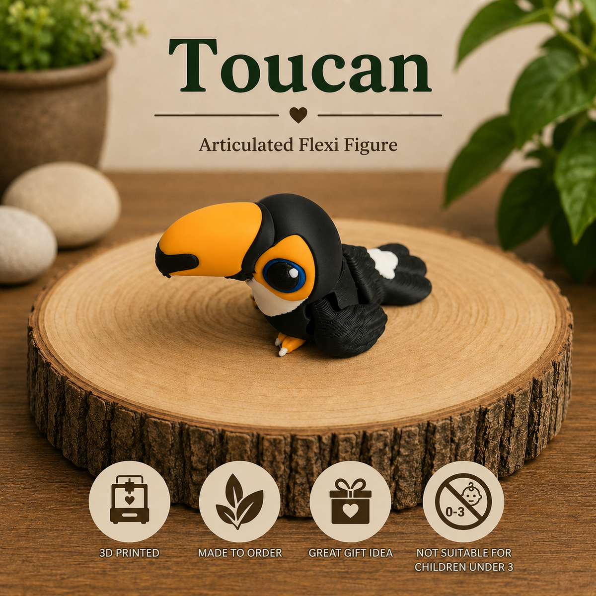 Black white and orange 3D printed Toucan Flexi with articulated body, large orange beak and blue eye detail, printed by Twin Cedars Maker Company.