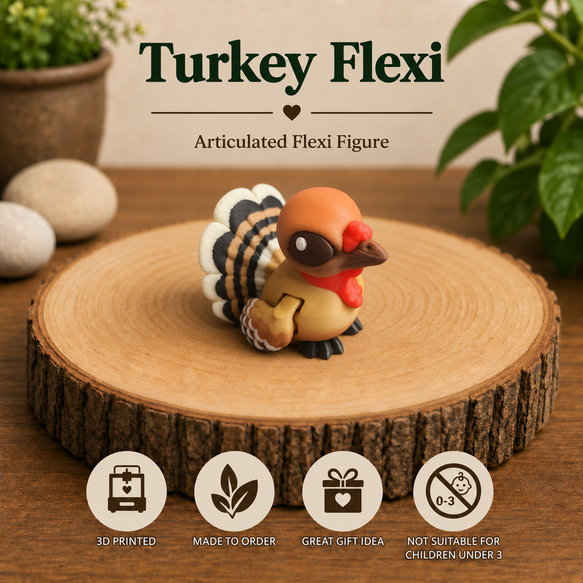 Turkey Flexi articulated flexi figure toy shown on a round wood slice coaster with decorative plants and stones in the background. Text at the top reads 'Turkey Flexi' and 'Articulated Flexi Figure,' with feature icons along the bottom.