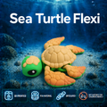 A sea turtle toy labeled 'Sea Turtle Flexi' shown underwater on a sandy seabed. The toy has a green head and flippers with an orange and yellow patterned shell.