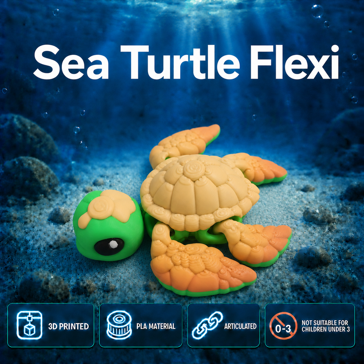 A sea turtle toy labeled 'Sea Turtle Flexi' shown underwater on a sandy seabed. The toy has a green head and flippers with an orange and yellow patterned shell.