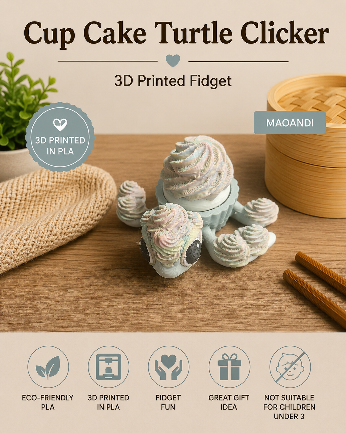 A 3D printed fidget toy shaped like a cupcake turtle, featuring pastel pink, purple, and blue swirls on a beige body, displayed on a wooden table with chopsticks and a bamboo steamer in the background. The image includes text overlays describing the product and features.