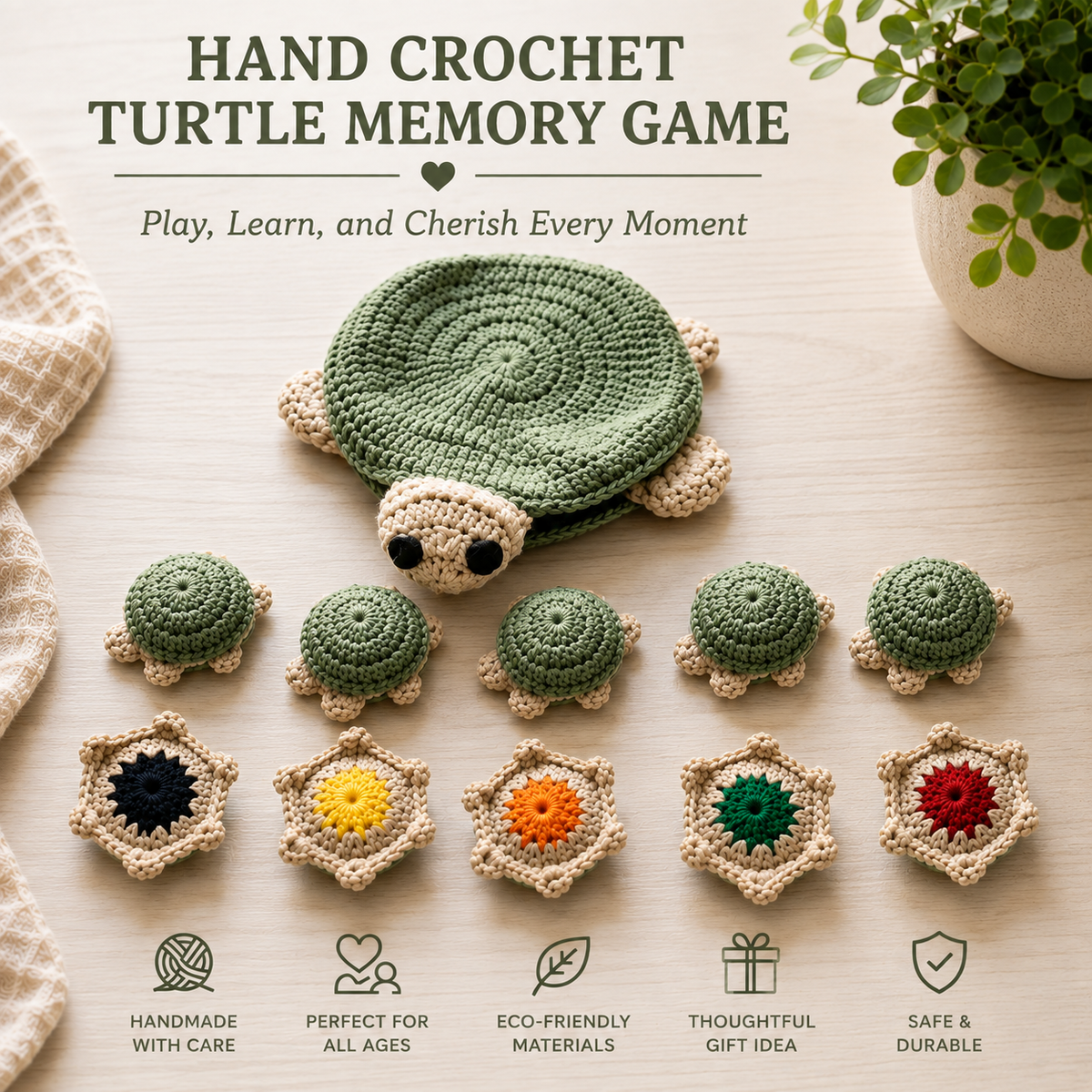A set of handmade crocheted turtle memory game pieces arranged on a light wood surface, with the title 'HAND CROCHET TURTLE MEMORY GAME' at the top and feature icons at the bottom. The set includes one larger green crocheted turtle and several smaller matching turtles and flower-shaped tiles with different colored centers.