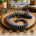 Twilight articulated dragon toy displayed on a round wood slice coaster, with text and icons highlighting its 12-inch length, vibrant twilight colors, durability, and gift appeal.