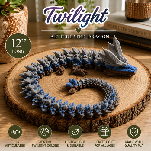 Twilight articulated dragon toy displayed on a round wood slice coaster, with text and icons highlighting its 12-inch length, vibrant twilight colors, durability, and gift appeal.
