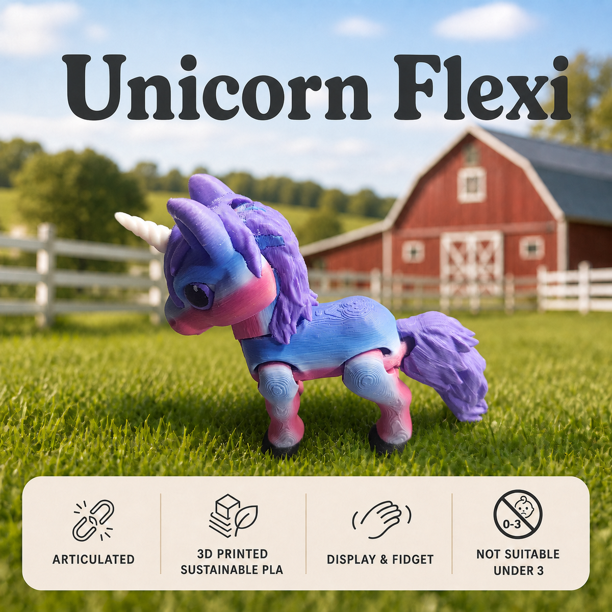 A colorful articulated unicorn toy with a purple and blue body, pink accents, and a white horn, standing in a grassy field with a red barn in the background. Large text at the top reads 'Unicorn Flexi', and a feature summary bar appears along the bottom.