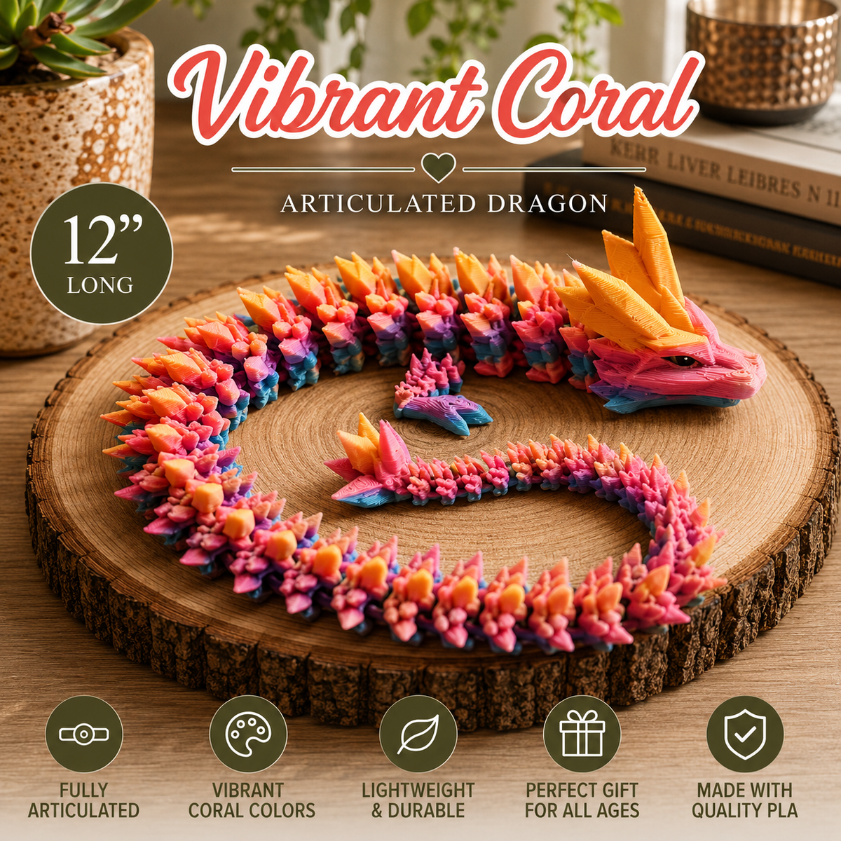 An articulated dragon toy in a bright coral pink, orange, and blue colorway, displayed on a round wooden slice background. The image includes promotional text overlays reading 'Vibrant Coral Articulated Dragon' and '12" LONG', along with feature icons for fully articulated, vibrant colors, lightweight durability, and gift suitability.