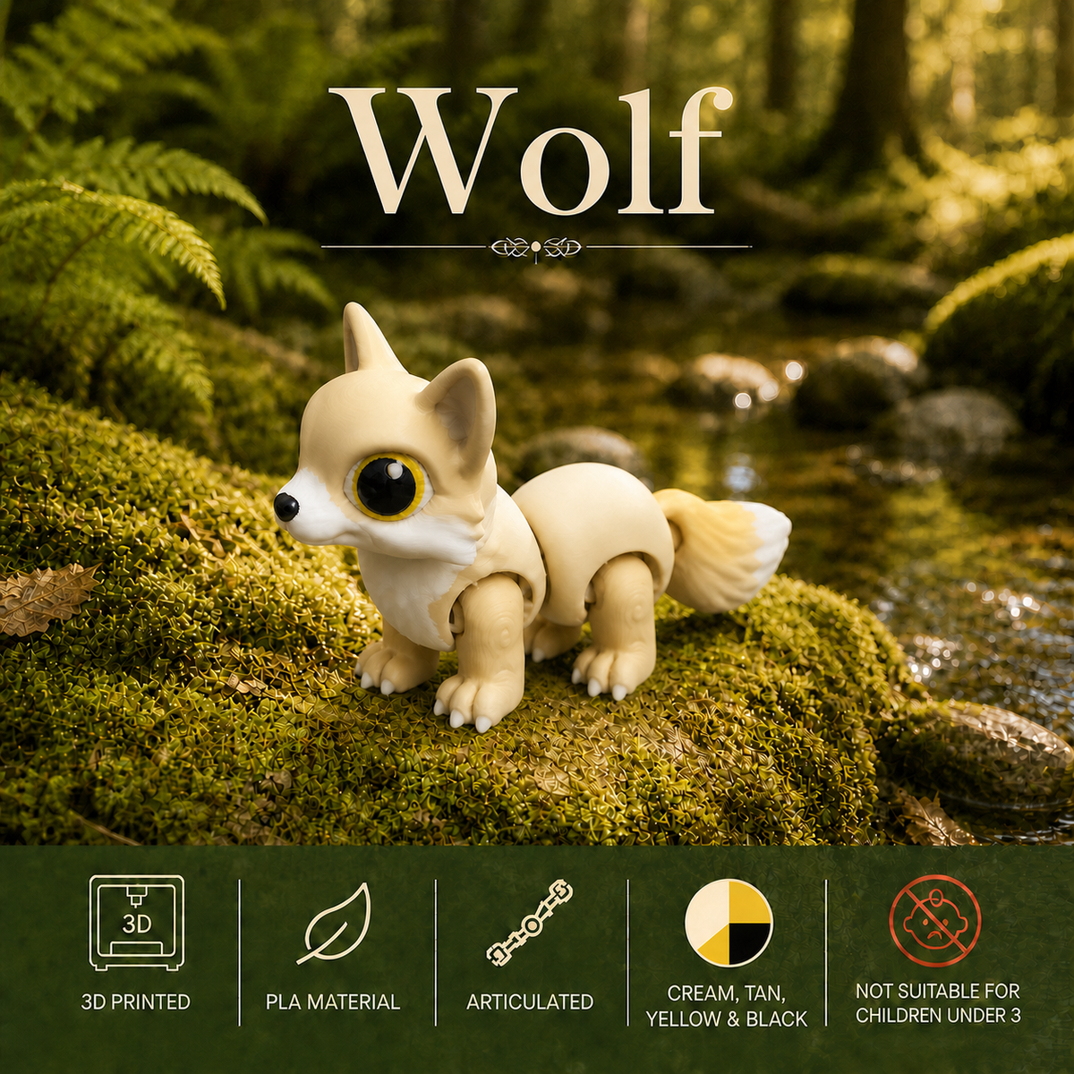 3D printed articulated Wolf Flex Standing in a forest by a stream.  Printed by Twin Cedars Maker Co.