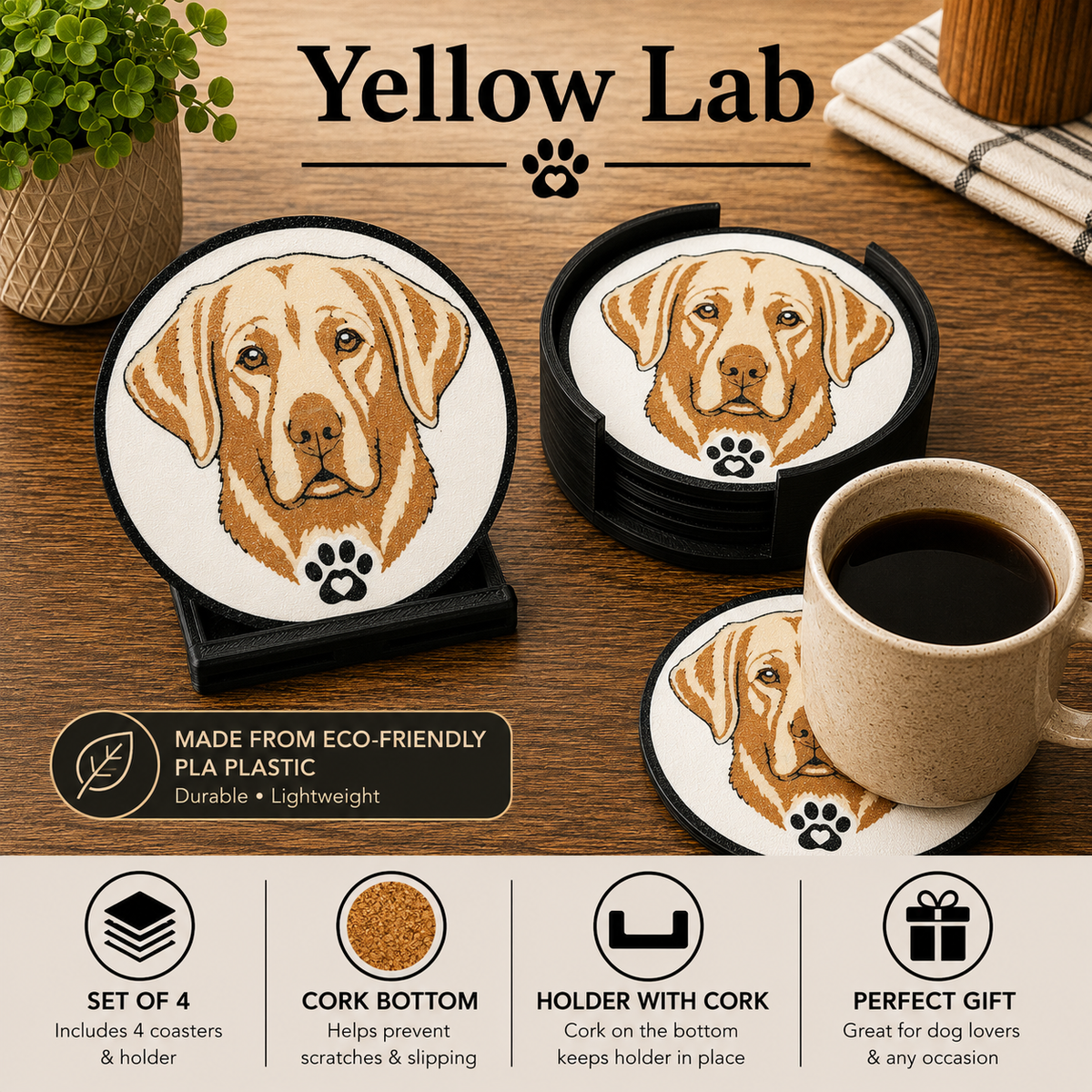 Set of four round coasters designed for a yellow lab dog, featuring a printed illustration of a yellow lab's face and a small black paw print. The coasters have cork bottoms and are displayed on a wooden table alongside a coffee cup, with text highlighting eco-friendly PLA plastic and product features.