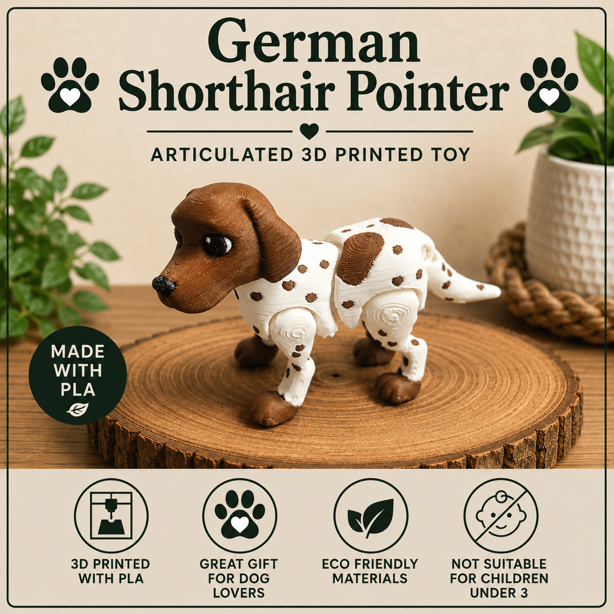 A 3D-printed articulated German Shorthair Pointer dog toy displayed on a round wood slice. The toy features a brown head and ears with a white body and brown spots.