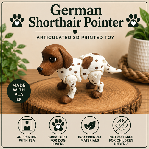 A 3D-printed articulated German Shorthair Pointer dog toy displayed on a round wood slice. The toy features a brown head and ears with a white body and brown spots.