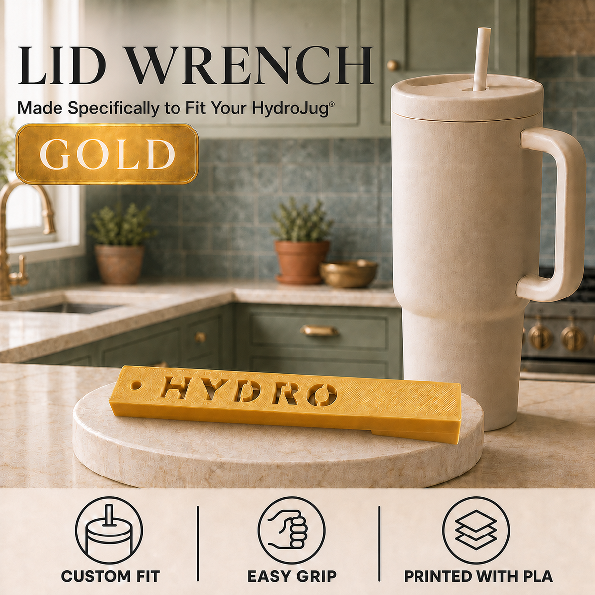 Gold lid wrench for HydroJug travel tumbler, shown on a marble coaster next to a beige HydroJug tumbler with a straw in a kitchen setting. Text overlays read 'LID WRENCH', 'Made Specifically to Fit Your HydroJug', 'GOLD', and feature icons for 'CUSTOM FIT', 'EASY GRIP', and 'PRINTED WITH PLA'.