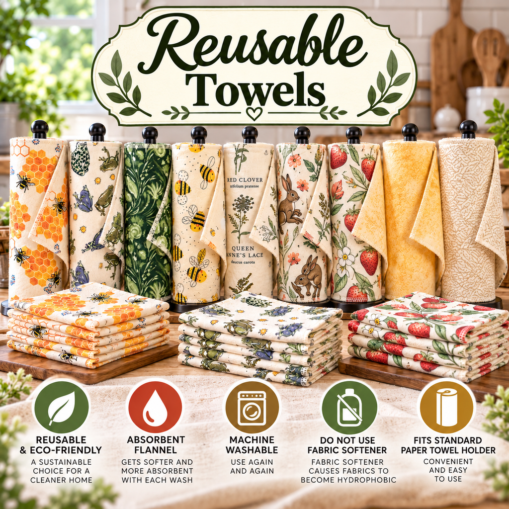 A collection of reusable kitchen towels displayed on a wooden stand, featuring various floral and botanical patterns like honeycomb, bees, strawberries, and leaves. A large sign at the top reads 'Reusable Towels' and four circular icons at the bottom highlight key features such as eco-friendly, absorbent, machine washable, and standard paper towel holder compatibility.