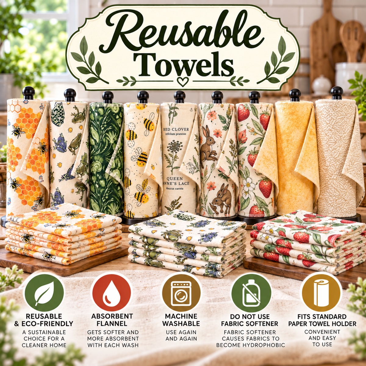 A collection of reusable kitchen towels displayed on a wooden stand, featuring various floral and botanical patterns like honeycomb, bees, strawberries, and leaves. A large sign at the top reads 'Reusable Towels' and four circular icons at the bottom highlight key features such as eco-friendly, absorbent, machine washable, and standard paper towel holder compatibility.