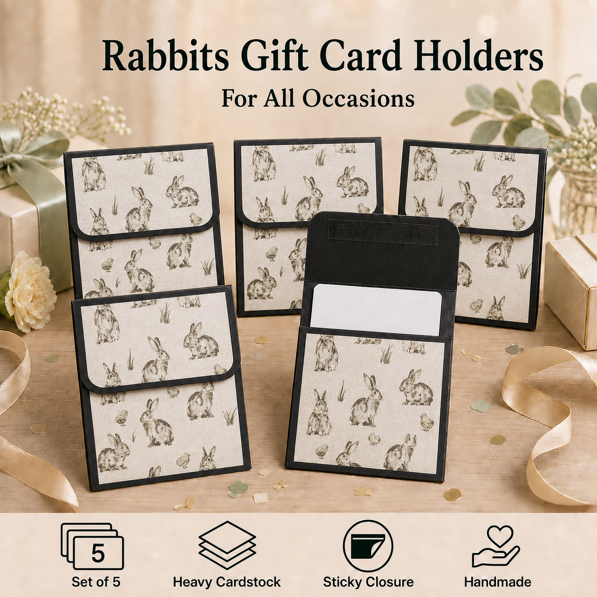 Five rabbit-themed gift card holders displayed on a wooden surface with decorative ribbons and gift boxes. The holders feature a beige background with a brown rabbit print and black borders, with one holder shown open to reveal a black interior and a white card slot.