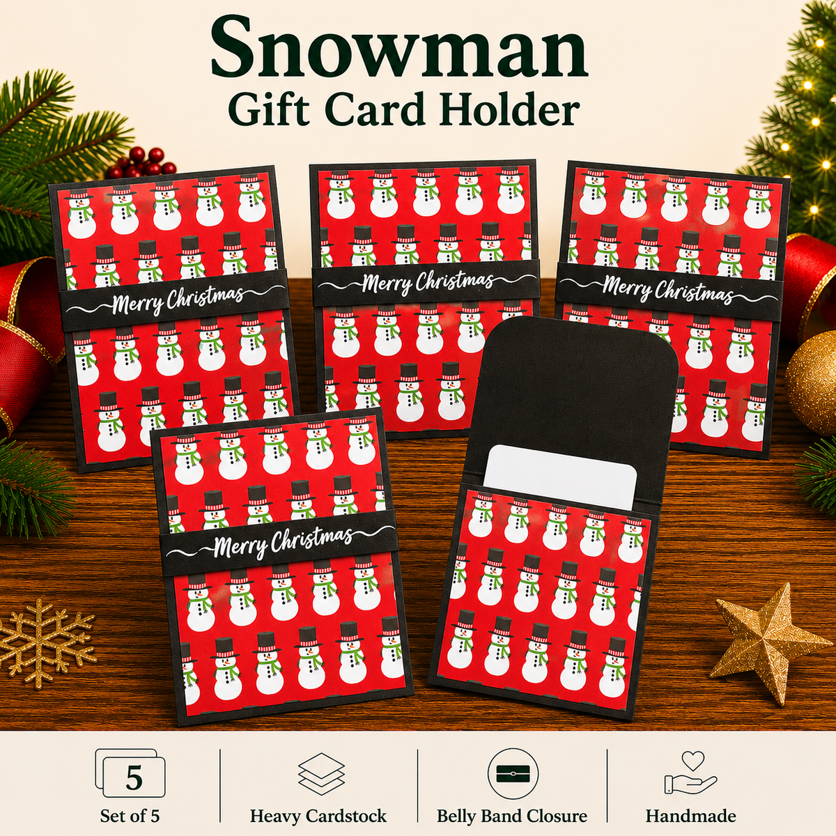 Five red Christmas-themed gift card holders with a snowman pattern are displayed on a wooden surface with holiday decorations. The set includes one open holder showing a white card slot, and text at the top reads 'Snowman Gift Card Holder.